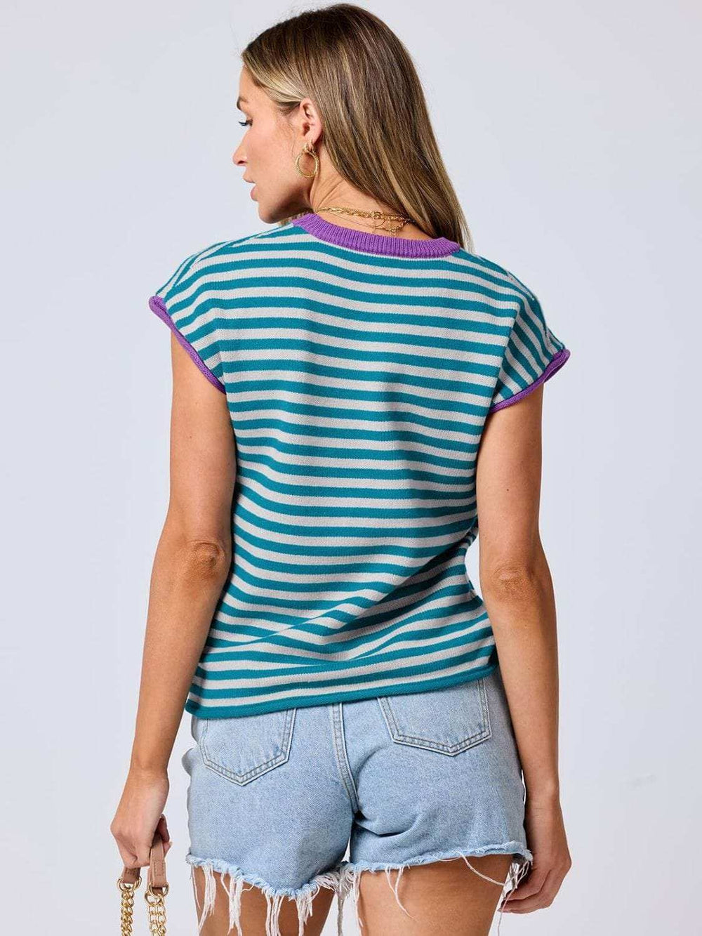 Mandy Contrast Round Neck Cap Sleeve Sweater - Trendsi - Flyclothing LLC