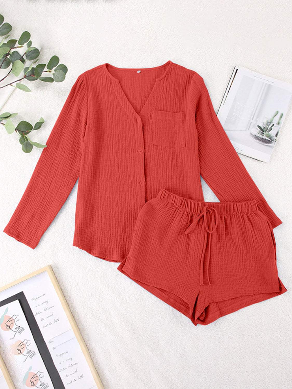 Notched Long Sleeve Top and Shorts Set - Trendsi - Flyclothing LLC