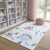 4' X 6' Off White Brown Green And Blue Castle and Rainbow Youthful Area Rug - Homeroots - Flyclothing LLC