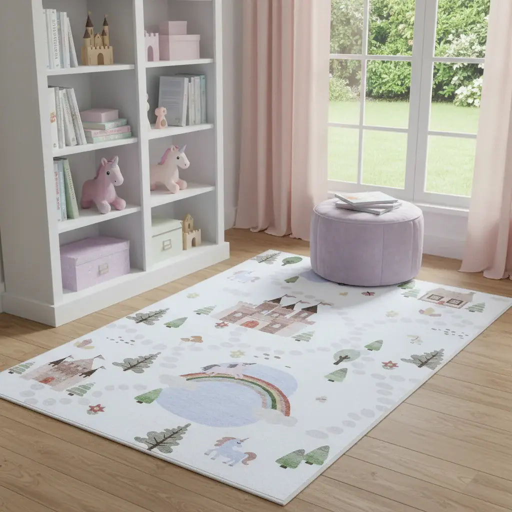5' X 8' Off White Brown Green And Blue Castle and Rainbow Youthful Area Rug - Homeroots - Flyclothing LLC