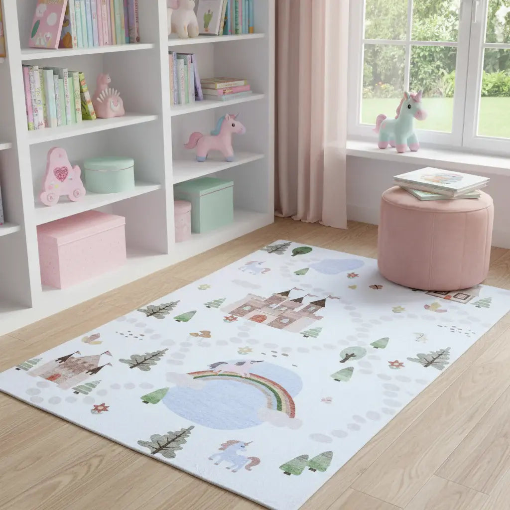 7' X 10' Off White Brown Green And Blue Castle and Rainbow Youthful Area Rug - Homeroots - Flyclothing LLC