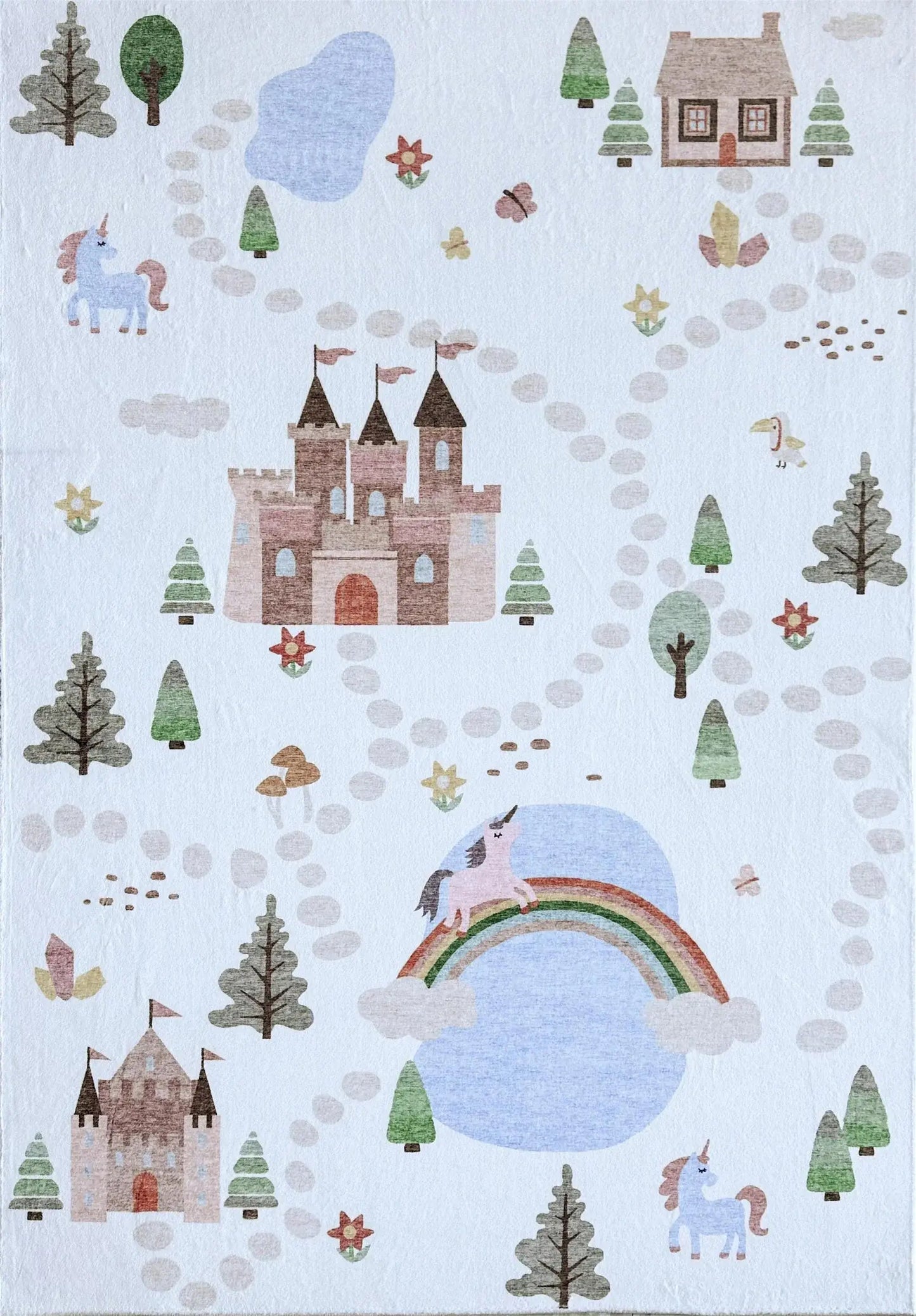 7' X 10' Off White Brown Green And Blue Castle and Rainbow Youthful Area Rug - Homeroots - Flyclothing LLC