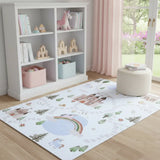 8' X 11' Off White Brown Green And Blue Castle and Rainbow Youthful Area Rug - Homeroots - Flyclothing LLC