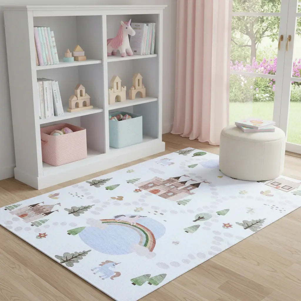 8' X 11' Off White Brown Green And Blue Castle and Rainbow Youthful Area Rug - Homeroots - Flyclothing LLC