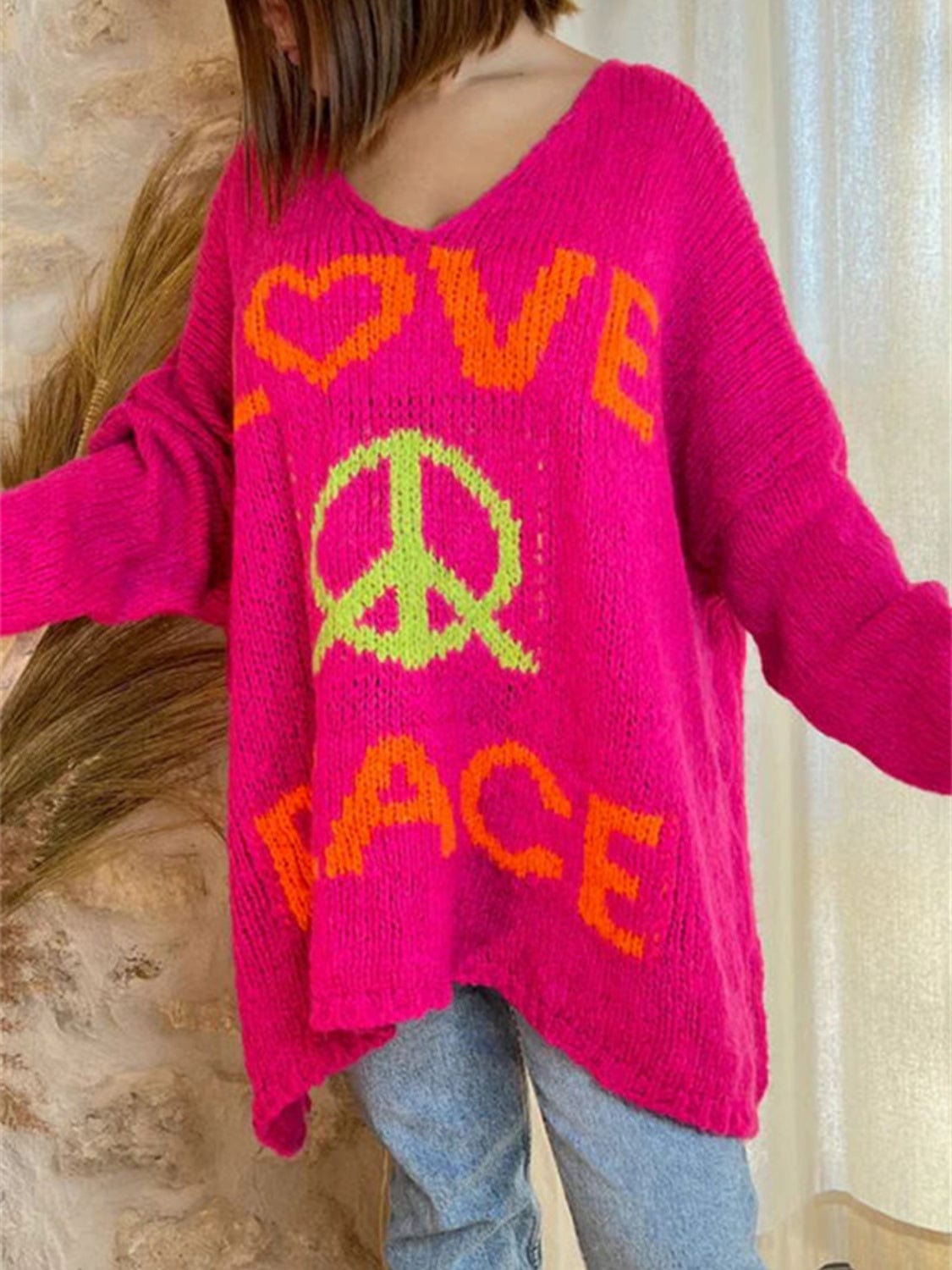 Peace Graphic V-Neck Long Sleeve Sweater - Trendsi