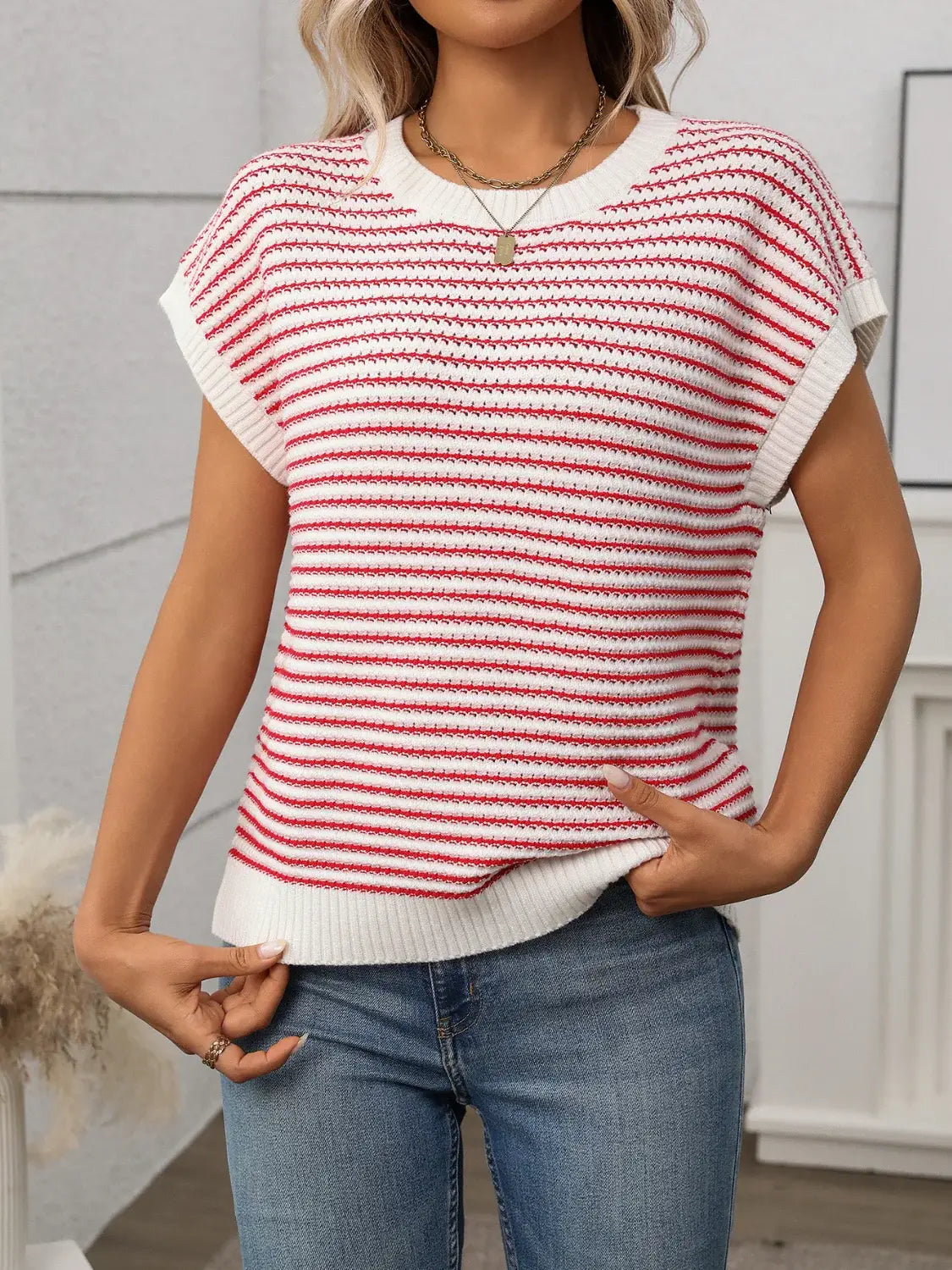 Striped Round Neck Short Sleeve Knit Top - Trendsi - Flyclothing LLC