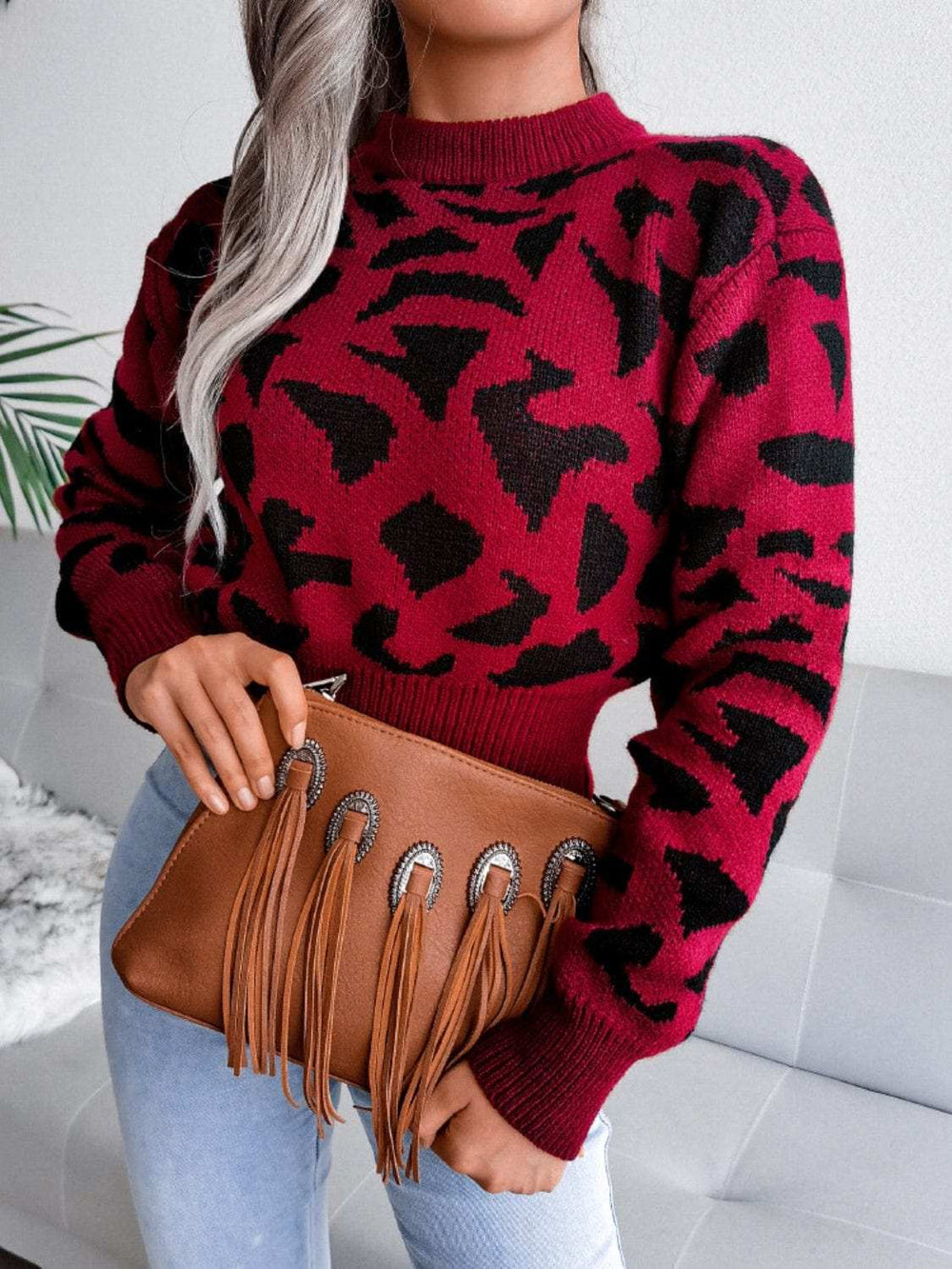 Leopard Round Neck Dropped Shoulder Sweater - Trendsi - Flyclothing LLC