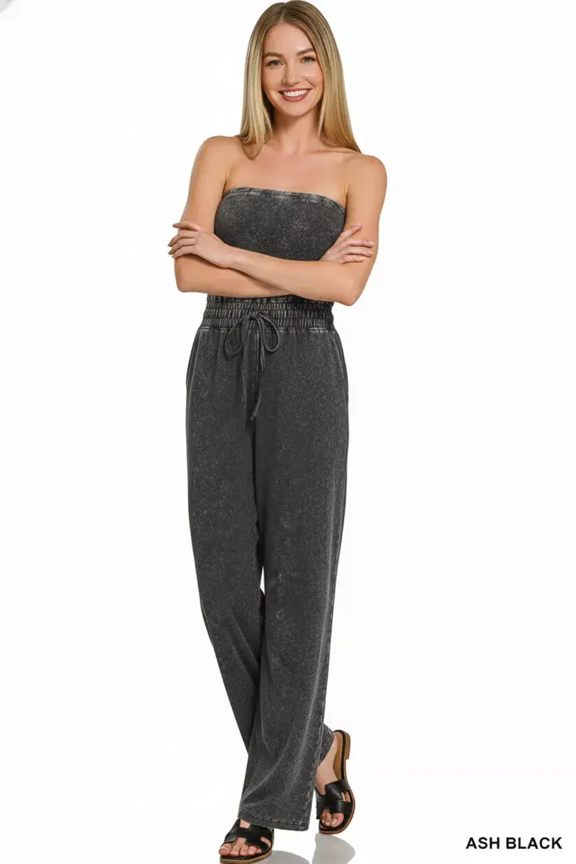 Zenana Acid Washed Strapless Tube Top Jumpsuit - Trendsi - Flyclothing LLC