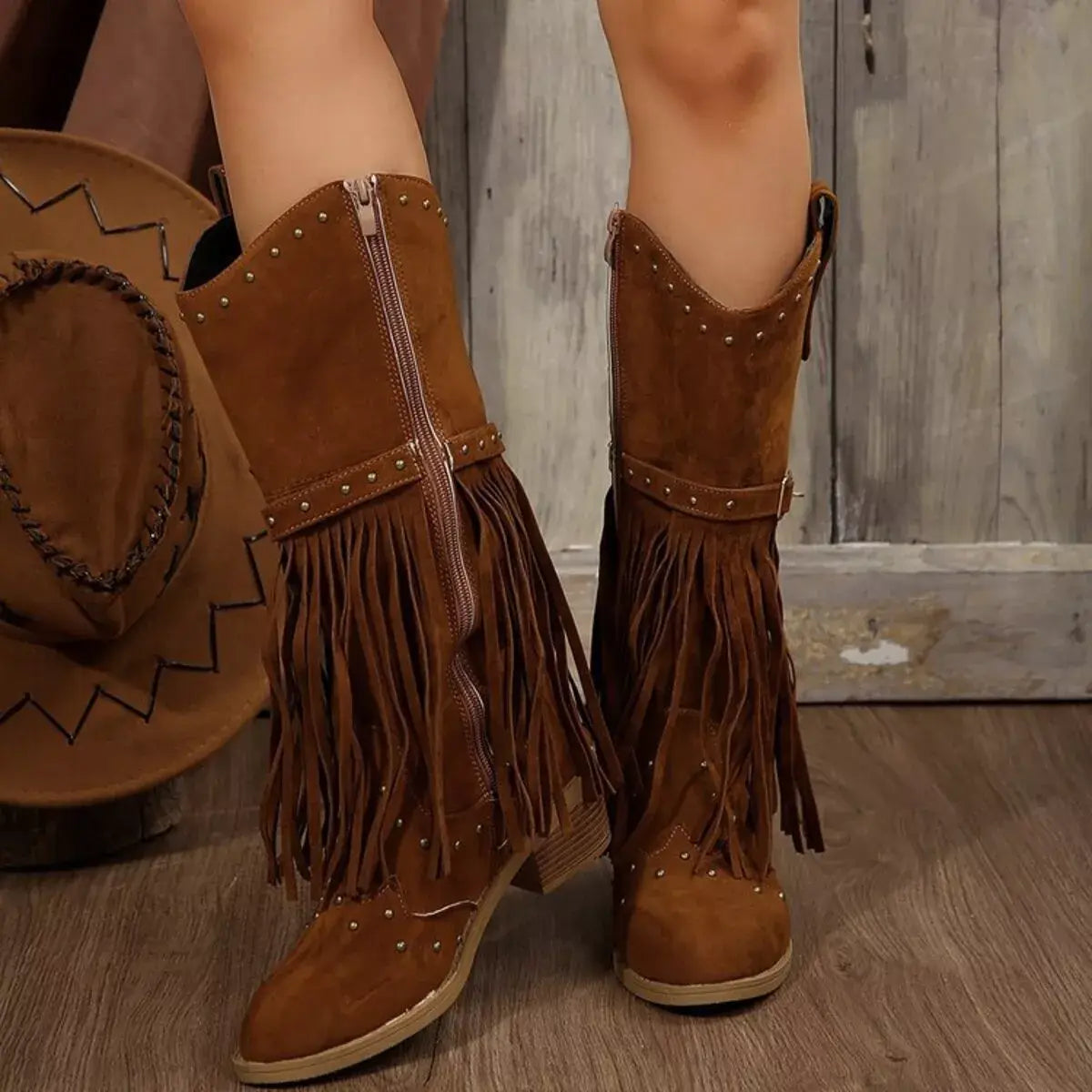 Fringe Point Toe Block Heels Boots - Trendsi - Flyclothing LLC