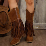 Fringe Point Toe Block Heels Boots - Trendsi - Flyclothing LLC