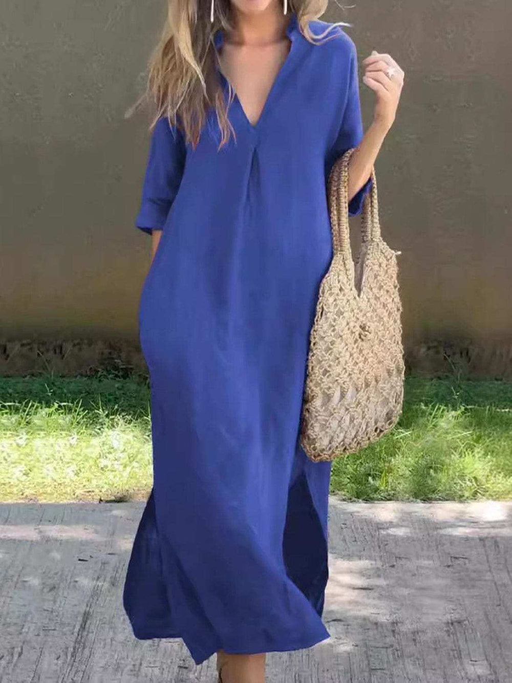 Full Size Notched Half Sleeve Midi Dress - Trendsi - Flyclothing LLC