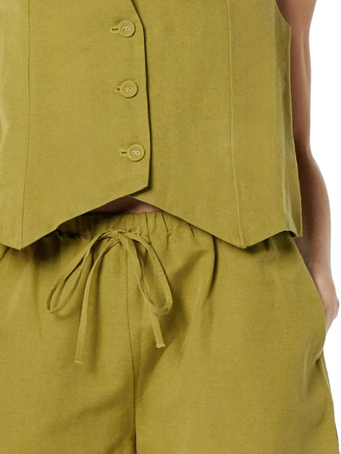 Button Up V-Neck Top and Pocketed Shorts Set - Trendsi - Flyclothing LLC