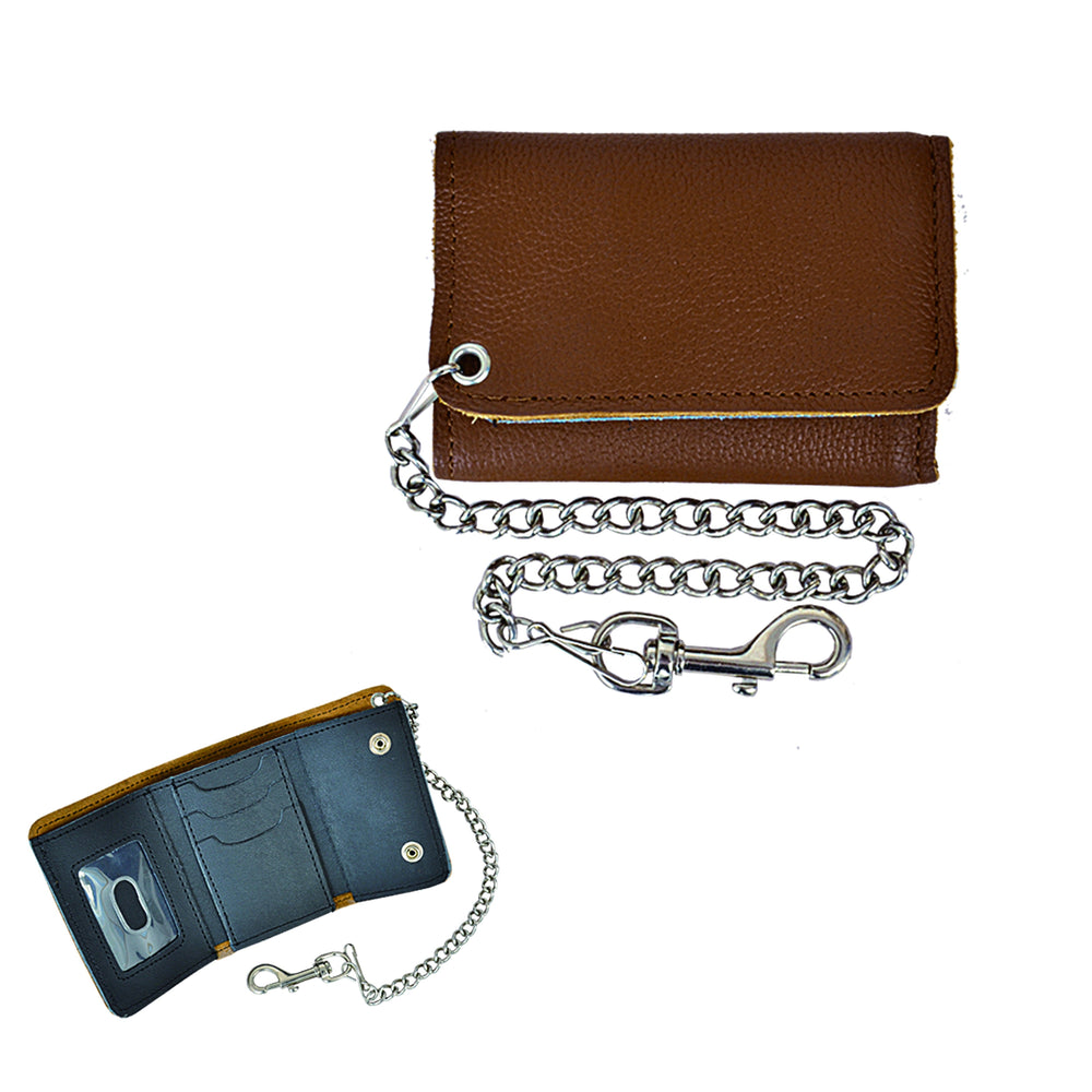 Small Brown Trifold Long Chain Biker Wallet - Unik Just for Bikers