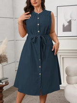 Plus Size Button Front Tie Waist Sleeveless Dress - Trendsi - Flyclothing LLC