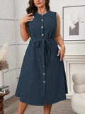 Plus Size Button Front Tie Waist Sleeveless Dress - Trendsi - Flyclothing LLC
