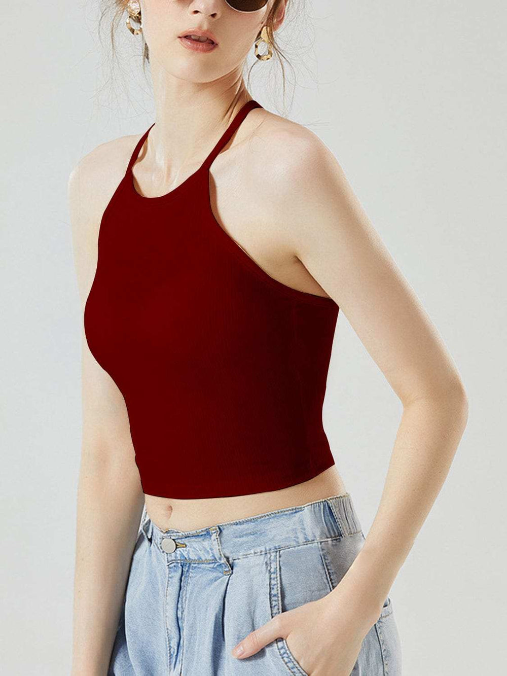 Grecian Neck Cropped Tank with Chest Pads - Trendsi - Flyclothing LLC