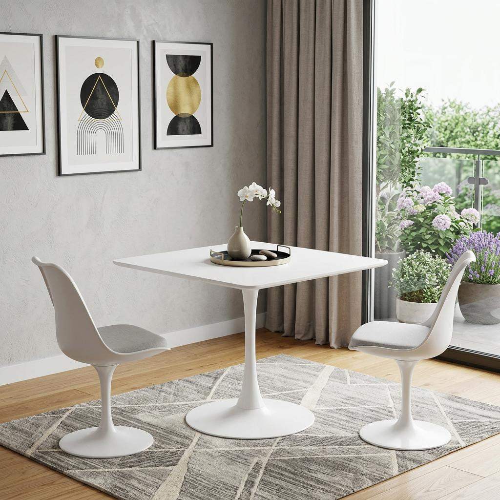 36" White Wood and Steel Pedestal Base Square Dining Table - HomeRoots - Flyclothing LLC