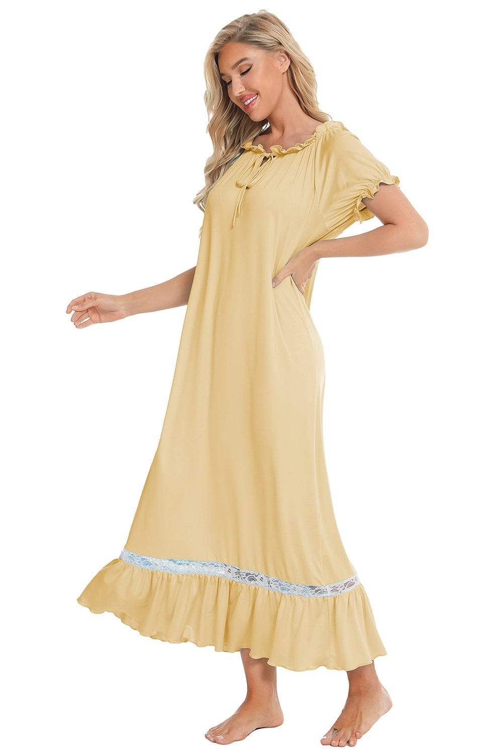 Lace Detail Short Sleeve Lounge Dress - Trendsi - Flyclothing LLC