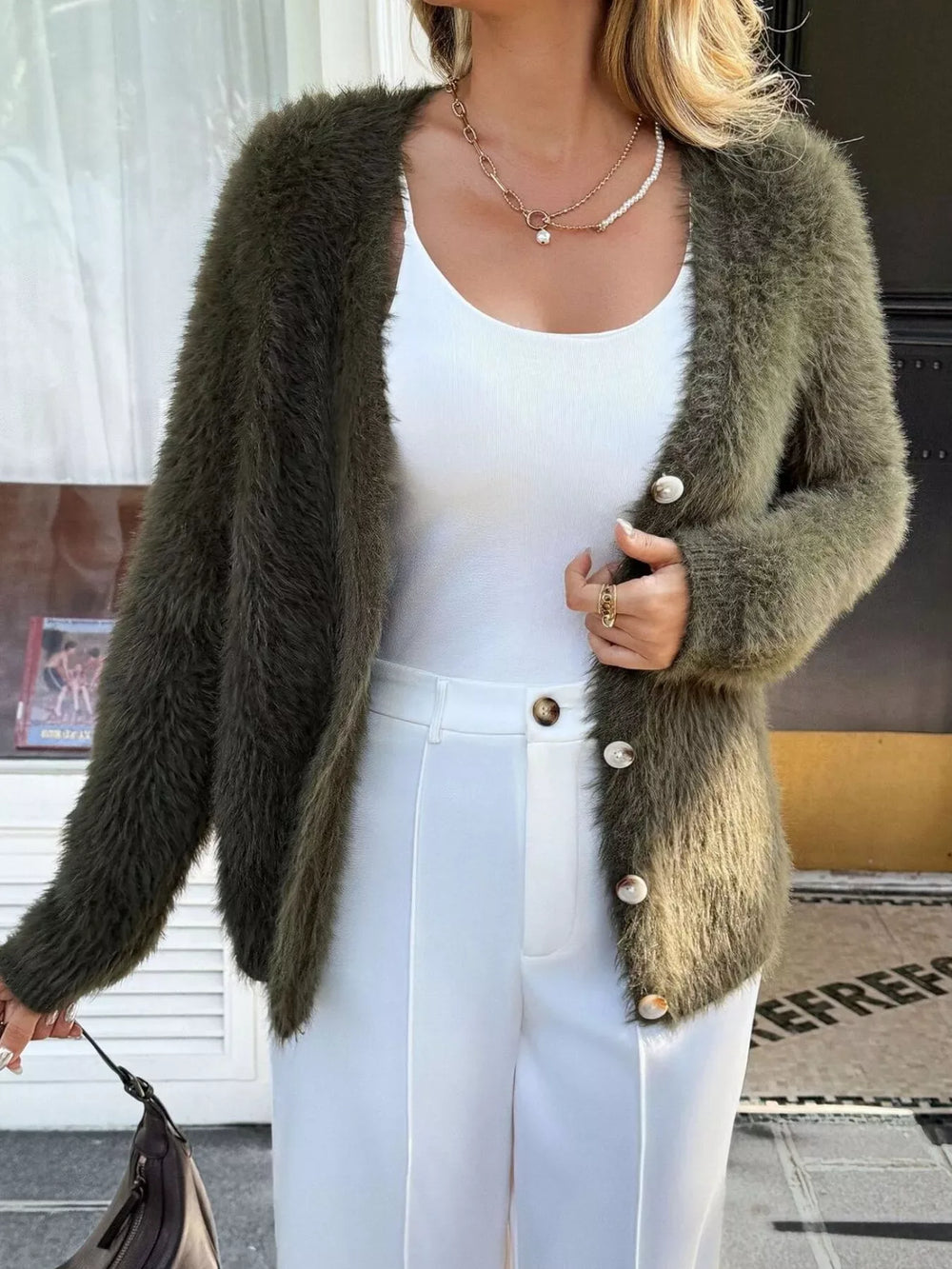 Fuzzy Knit Button-Up Cardigan - Trendsi - Flyclothing LLC