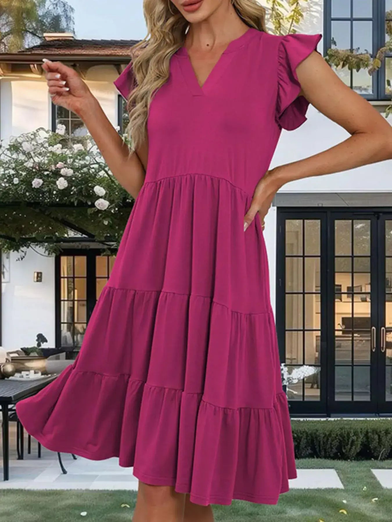 Ruffle Sleeve Tiered Midi Dress - Trendsi - Flyclothing LLC