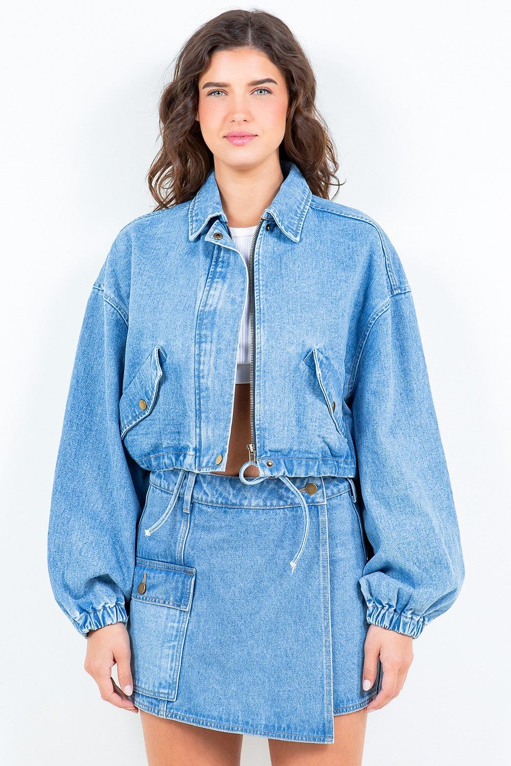 American Bazi Drawstring Waist Crop Denim Jacket - Trendsi
