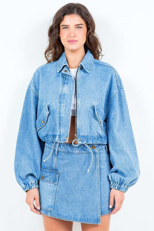 American Bazi Drawstring Waist Crop Denim Jacket - Trendsi - Flyclothing LLC