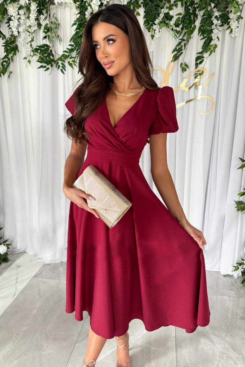 Surplice Puff Sleeve Midi Dress - Trendsi - Flyclothing LLC