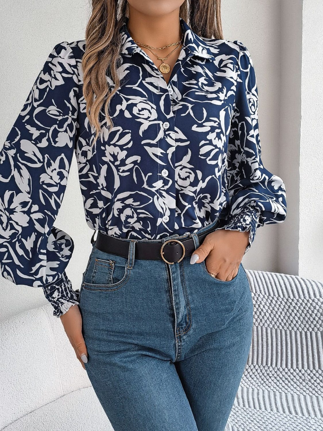 Printed Collared Neck Lantern Sleeve Shirt - Trendsi