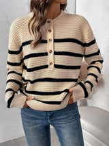 Perfee Striped Half Button Long Sleeve Sweater - Trendsi - Flyclothing LLC
