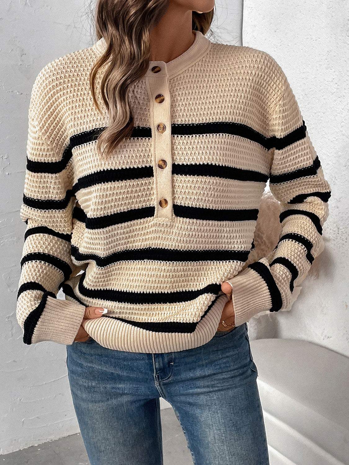 Perfee Striped Half Button Long Sleeve Sweater - Trendsi - Flyclothing LLC
