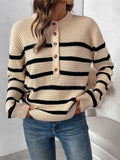 Perfee Striped Half Button Long Sleeve Sweater - Trendsi