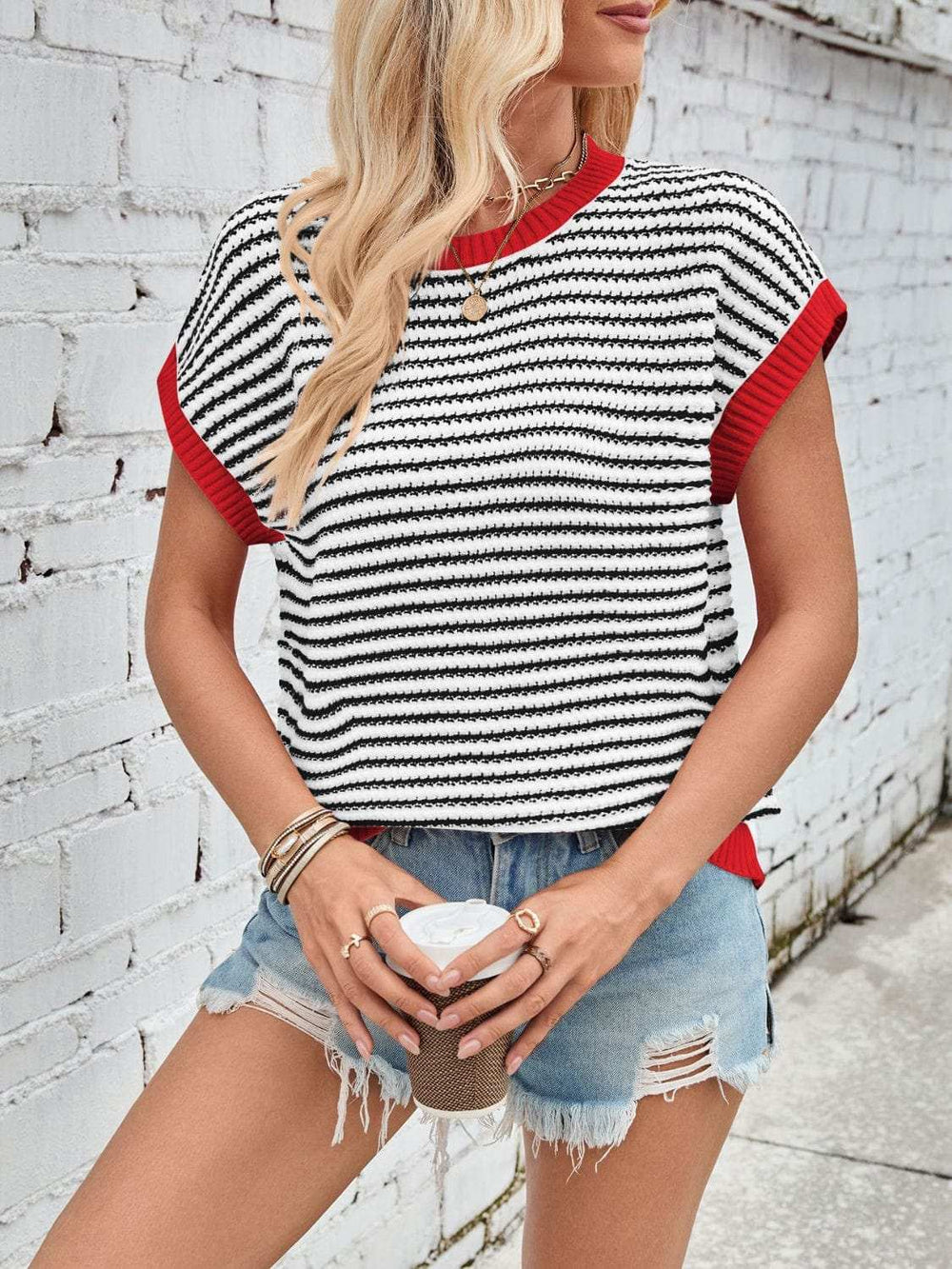Lovelet Striped Round Neck Cap Sleeve Sweater - Trendsi - Flyclothing LLC