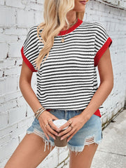 Lovelet Striped Round Neck Cap Sleeve Sweater - Trendsi