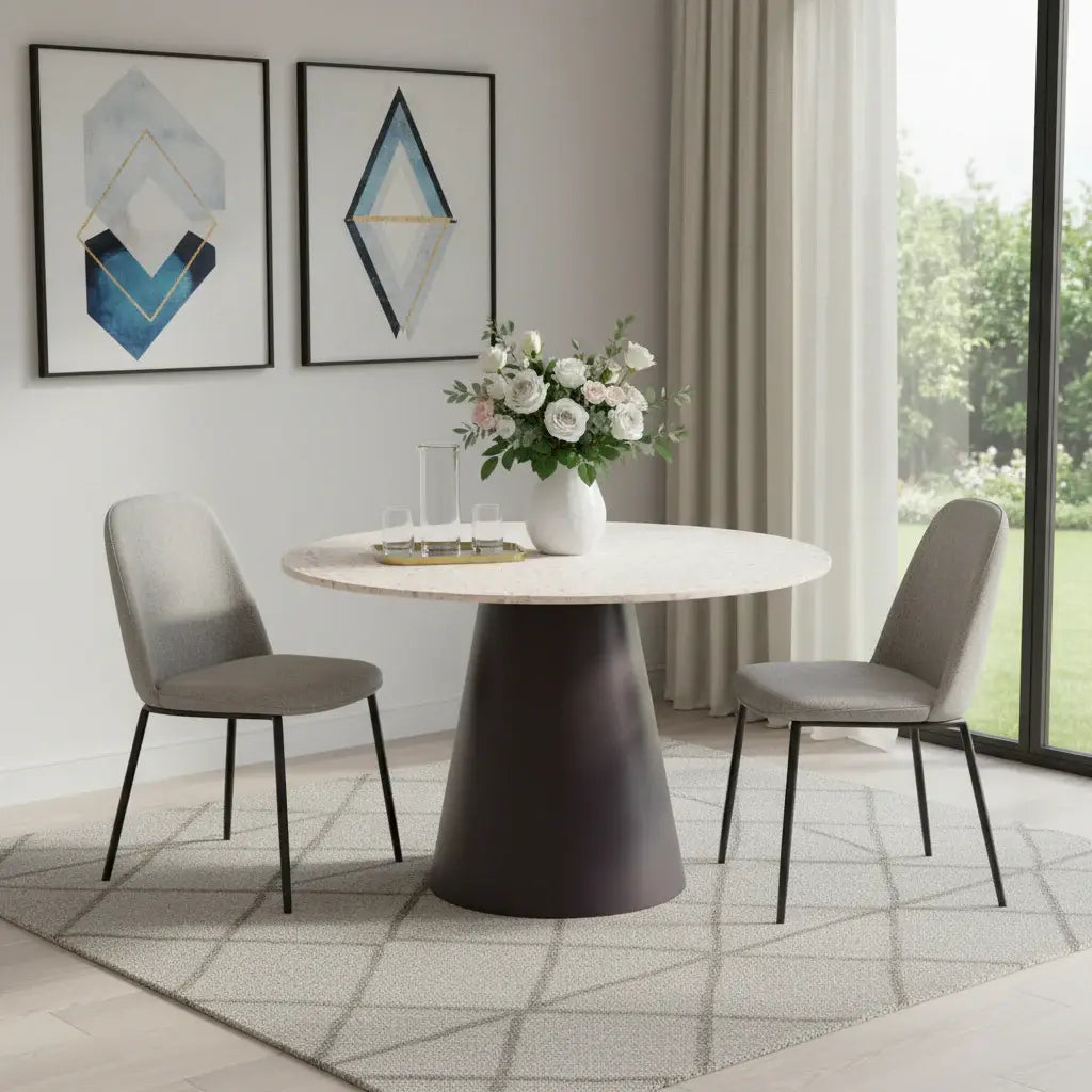 48" Beige and Black Wood and Steel Faux Terrazzo Round Top Dining Table - Homeroots - Flyclothing LLC