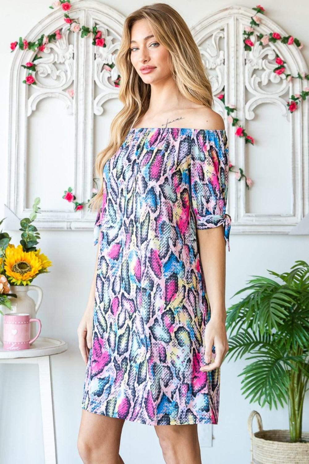 Heimish Full Size Off Shoulder Snake Mini Dress - Trendsi - Flyclothing LLC