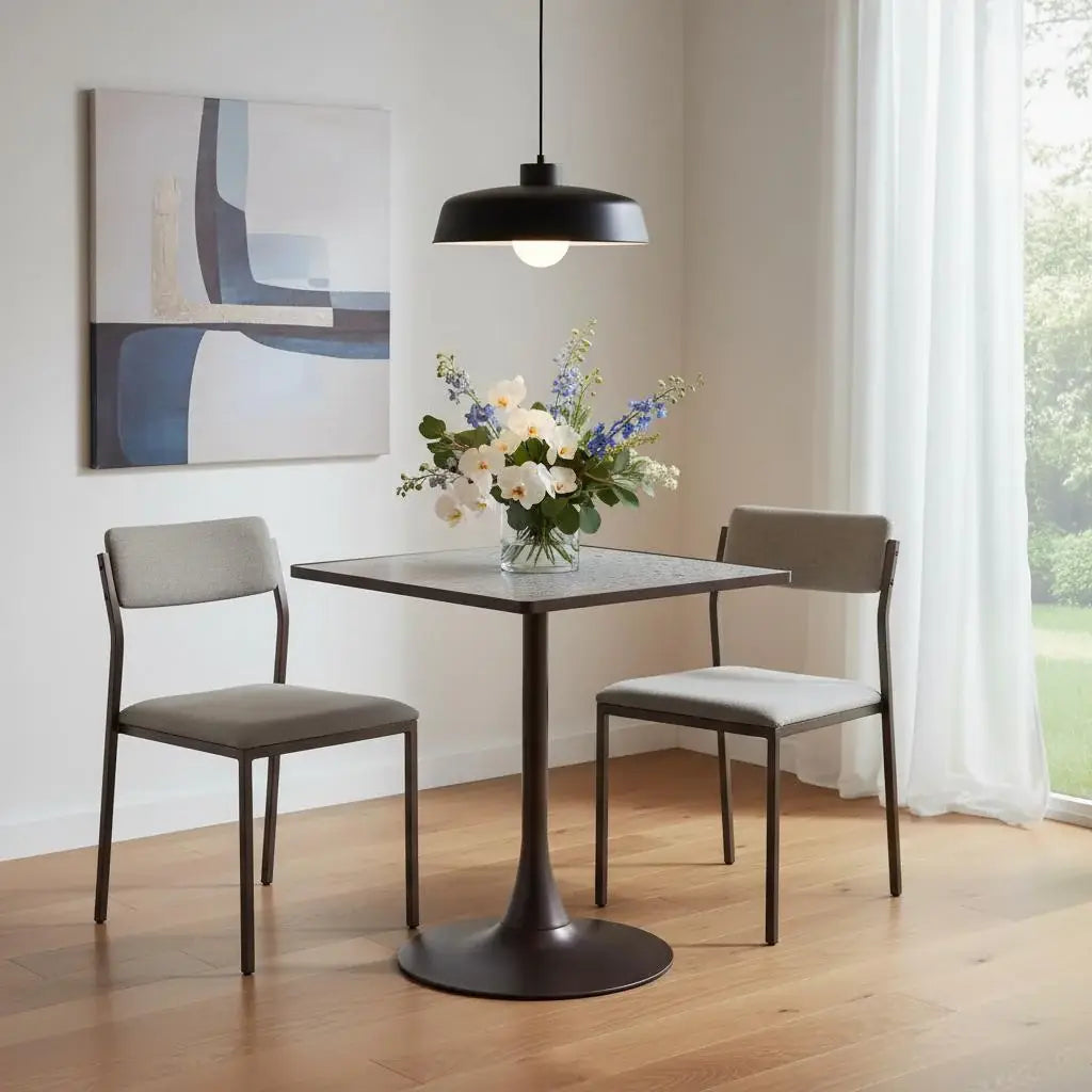 24" Gray Wood and Steel Faux Terrazzo Pedestal Base Square Dining Table - Homeroots - Flyclothing LLC