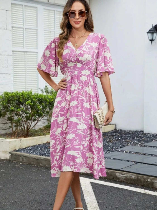 Printed V-Neck Flutter Sleeve Dress - Trendsi - Flyclothing LLC