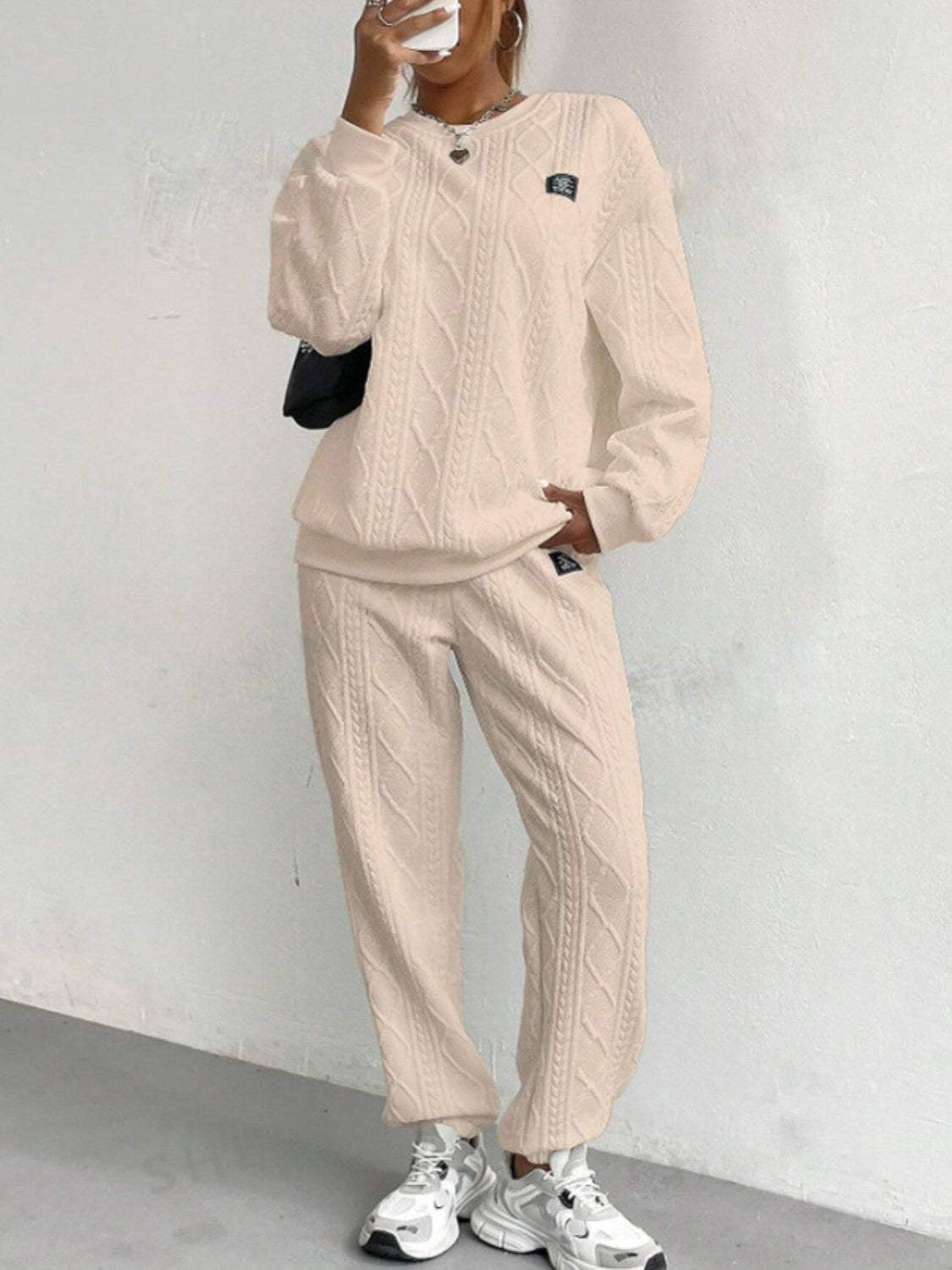 Texture Round Neck Long Sleeve Top and Pants Set - Trendsi - Flyclothing LLC