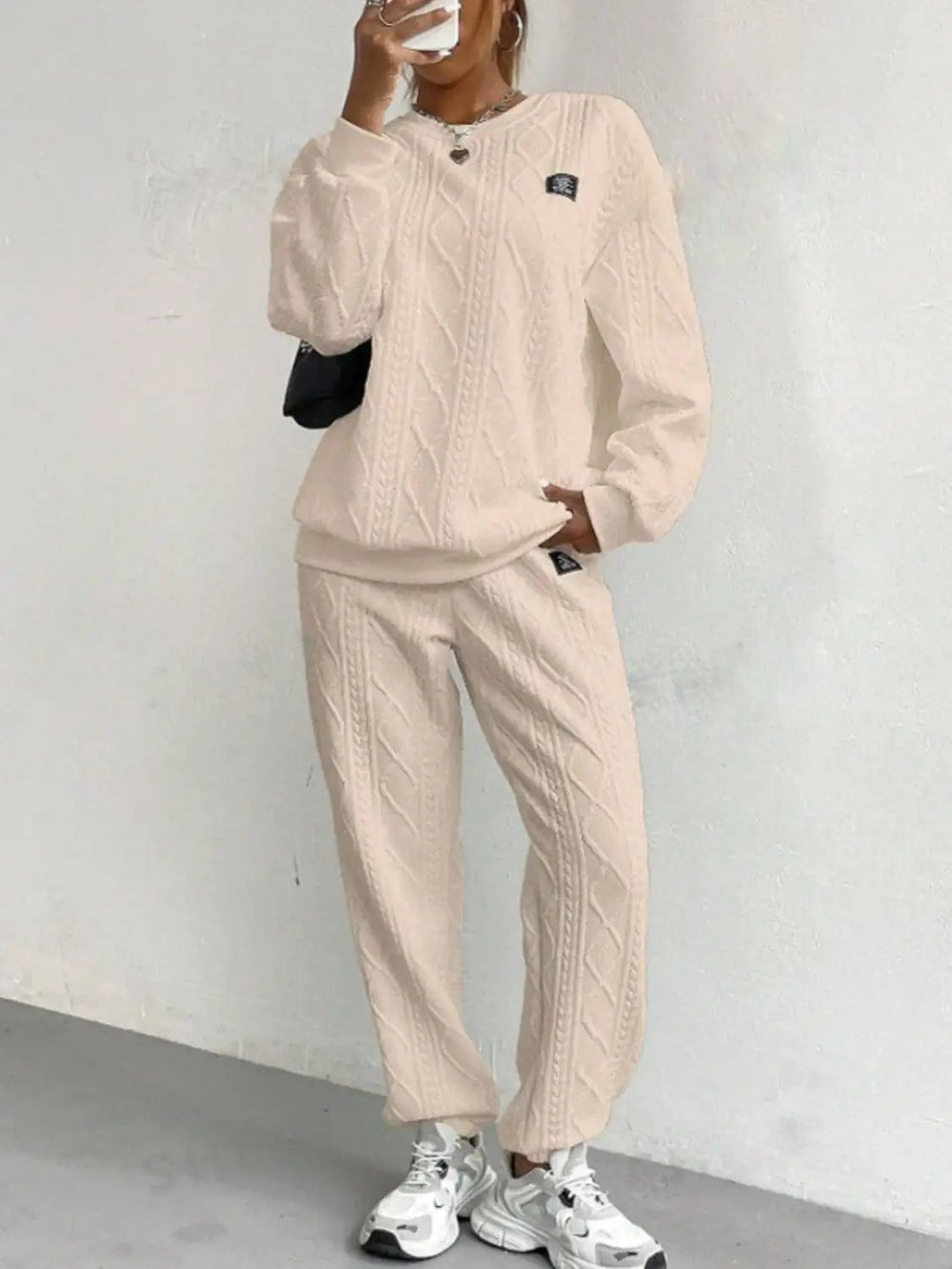 Texture Round Neck Long Sleeve Top and Pants Set - Trendsi