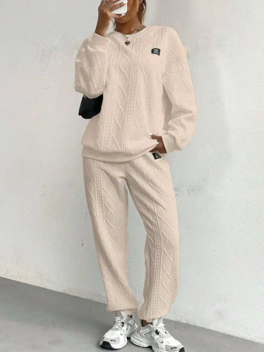 Texture Round Neck Long Sleeve Top and Pants Set - Trendsi - Flyclothing LLC