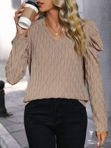 Textured V-Neck Long Sleeve Top - Trendsi - Flyclothing LLC