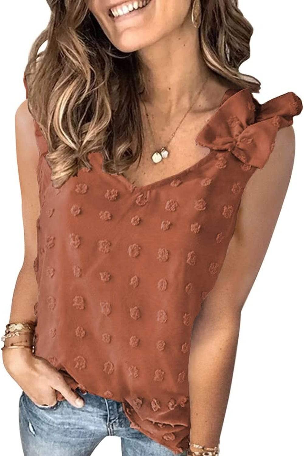 Full Size Swiss Dot V-Neck Tank - Trendsi - Flyclothing LLC