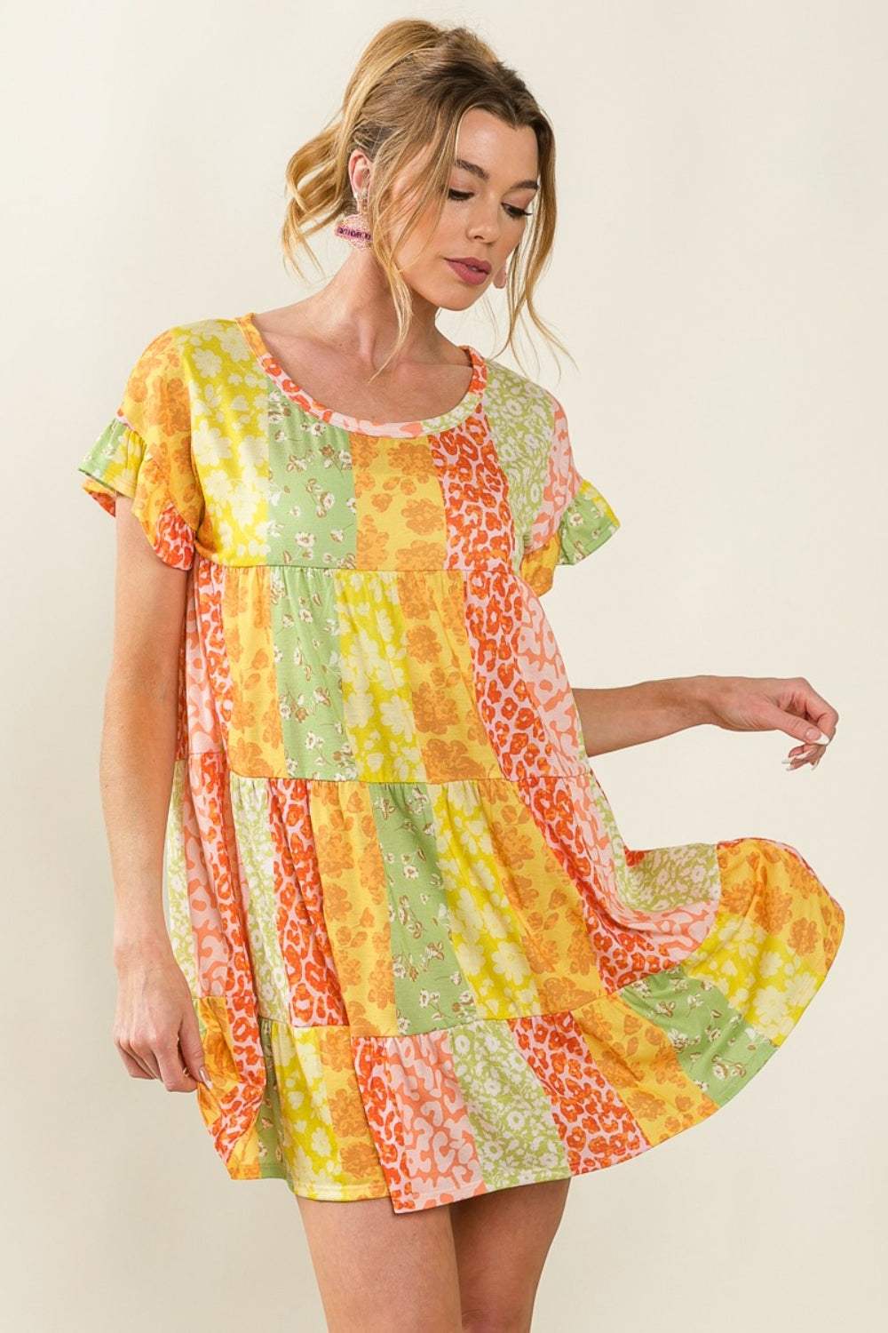 BiBi Leopard Short Sleeve Tiered Dress - Trendsi - Flyclothing LLC