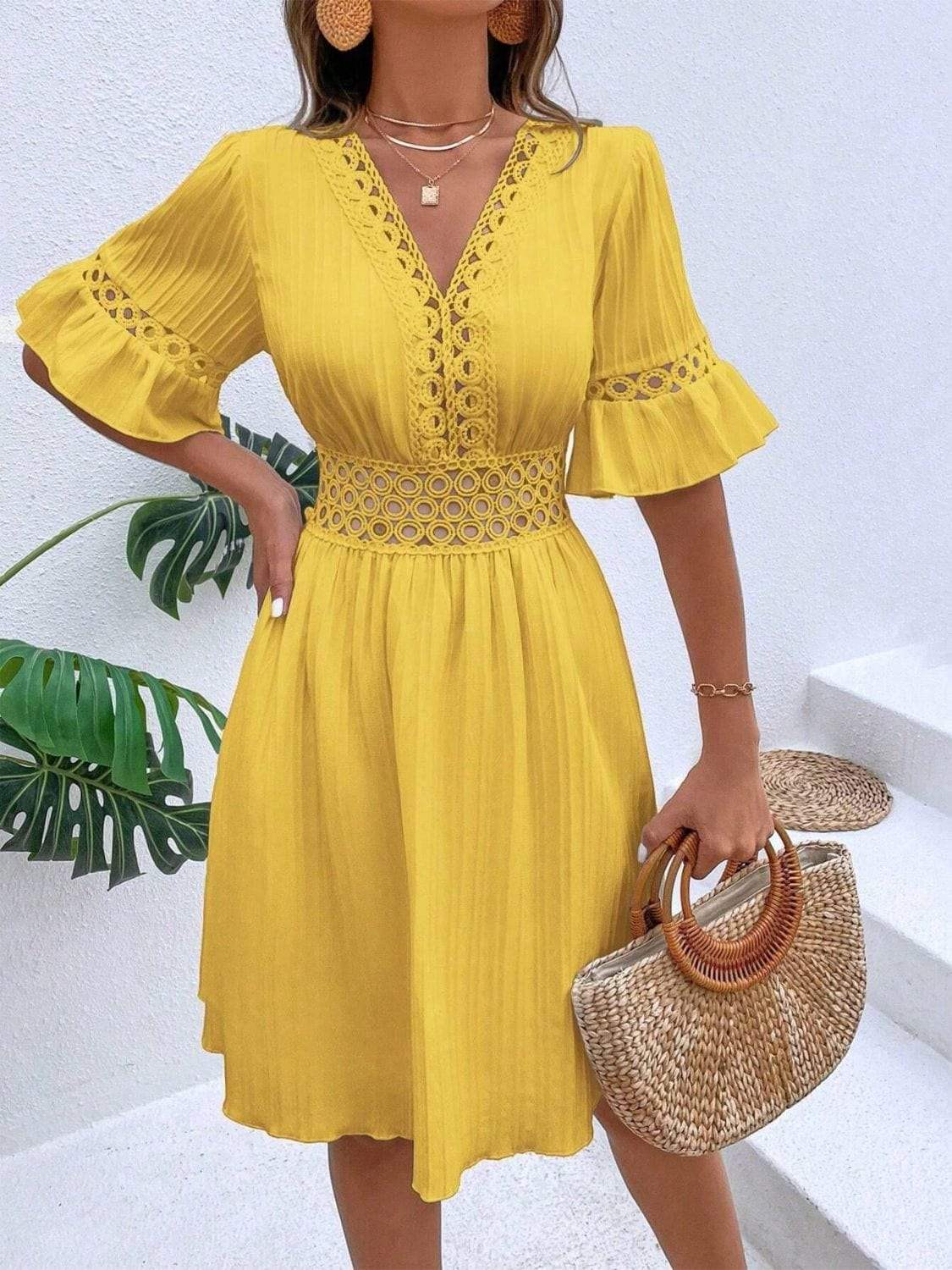 Cutout V-Neck Flounce Sleeve Mini Dress - Trendsi - Flyclothing LLC
