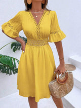 Cutout V-Neck Flounce Sleeve Mini Dress - Trendsi - Flyclothing LLC