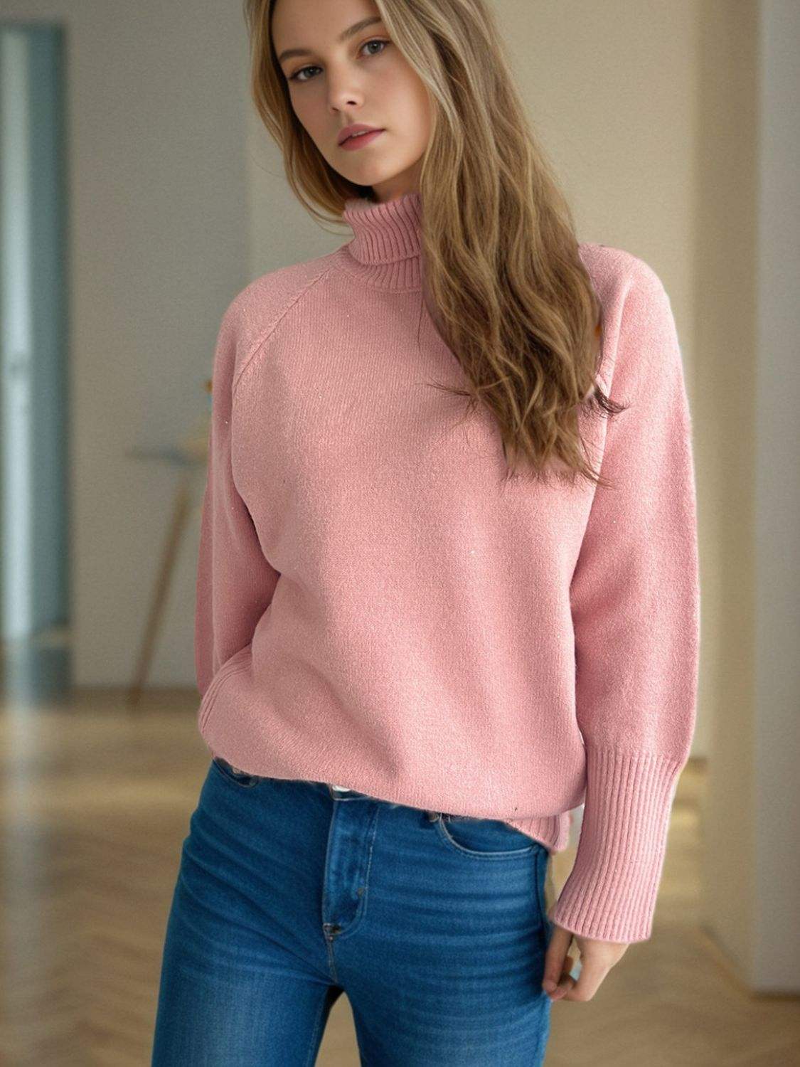 Turtleneck Raglan Sleeve Sweater - Trendsi - Flyclothing LLC