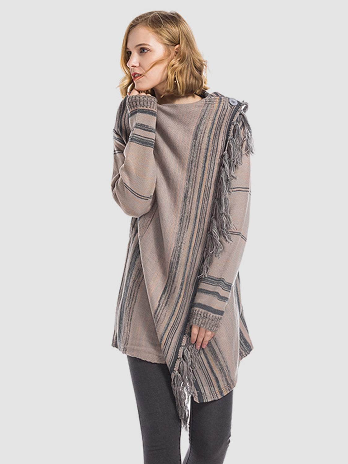 Angel Wings Tassel Striped Open Front Long Sleeve Cardigan - Trendsi - Flyclothing LLC