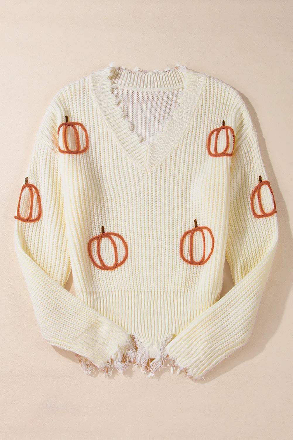 Raw Hem Pumpkin V-Neck Long Sleeve Sweater - Trendsi - Flyclothing LLC