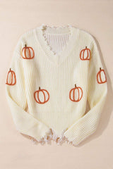 Raw Hem Pumpkin V-Neck Long Sleeve Sweater - Trendsi - Flyclothing LLC