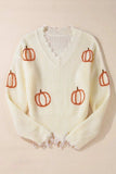 Raw Hem Pumpkin V-Neck Long Sleeve Sweater - Trendsi - Flyclothing LLC